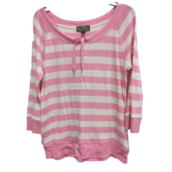 Lauren Active Ralph Lauren Womens Top Large Pink White Striped Thermal Preppy - Picture 1 of 7